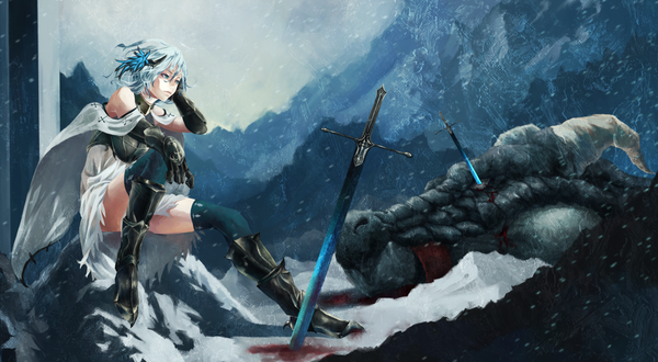 Anime picture 1800x990 with original akaikitsune highres short hair blue eyes wide image sitting blue hair wind snowing winter girl thighhighs gloves weapon black thighhighs sword boots armor blood