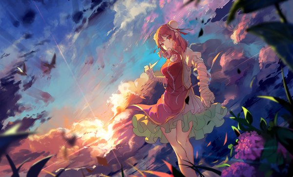 Anime picture 2250x1364 with touhou ibaraki kasen baisi shaonian single looking at viewer fringe highres short hair breasts red eyes wide image standing holding sky cloud (clouds) ahoge outdoors red hair pleated skirt bare legs