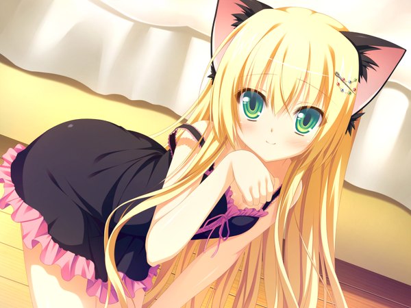 Anime picture 1600x1200 with oni gokko! sumiyoshi kureha nimura yuuji single long hair blush fringe blonde hair smile hair between eyes bare shoulders green eyes animal ears game cg cleavage cat ears cat girl loli leaning leaning forward