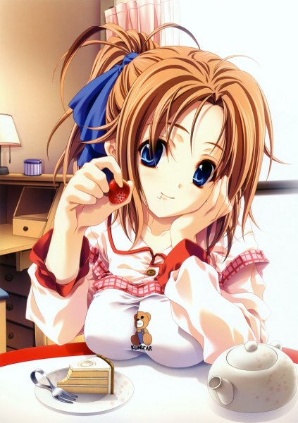 Anime picture 3384x4804 with miyama zero single tall image highres blue eyes brown hair absurdres ponytail head rest girl food fruit berry (berries) teddy bear strawberry fork teapot