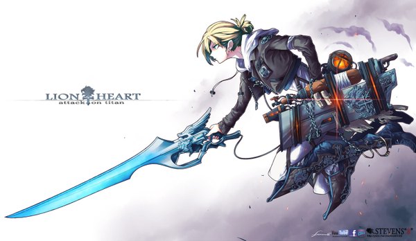 Anime picture 1500x871 with shingeki no kyojin production i.g annie leonhart stevens8 single short hair blue eyes blonde hair wide image profile open clothes open jacket girl weapon sword boots