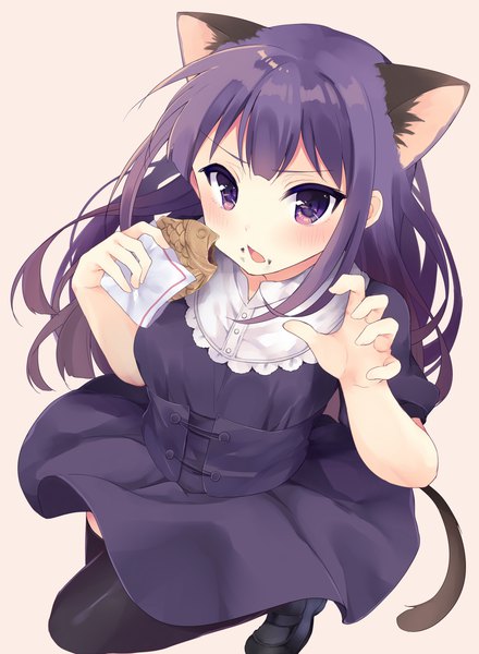 Anime picture 1466x2000 with working!! a-1 pictures yamada aoi momoirone single long hair tall image looking at viewer blush fringe breasts open mouth simple background purple eyes holding animal ears purple hair bent knee (knees) tail animal tail