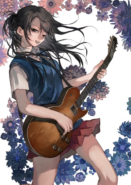 Anime picture 723x1023 with original tsukioka tsukiho single long hair tall image looking at viewer open mouth black hair pleated skirt wind black eyes floral background singing girl skirt uniform flower (flowers) school uniform vest guitar