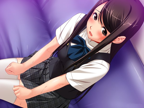 Anime picture 1024x768 with mukashi, kimoota doutei datta ore ga kane wo te ni iretara tagme (character) single long hair looking at viewer blush fringe open mouth black hair hair between eyes sitting brown eyes game cg pleated skirt from above sweat dutch angle embarrassed plaid skirt girl