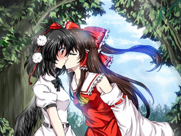 Anime picture 1233x927 with touhou hakurei reimu shameimaru aya kusumo (kungsu2) long hair blush short hair black hair red eyes multiple girls shoujo ai miko black wings kiss girl bow 2 girls plant (plants) hair bow detached sleeves