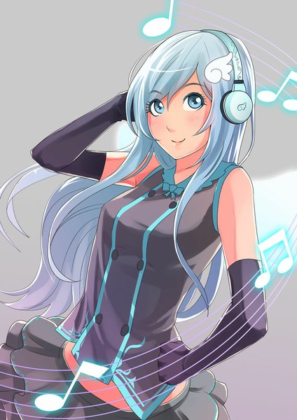 Anime picture 827x1169 with dream-of-abell single tall image blush blue eyes simple background smile blue hair looking away pleated skirt grey background girl skirt gloves elbow gloves headphones