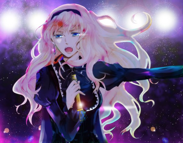 Anime picture 1270x992 with macross macross frontier sheryl nome gen (artist) long hair open mouth blue eyes pink hair sky night sky singing dress hair ornament bow earrings hairband star (stars) jewelry microphone