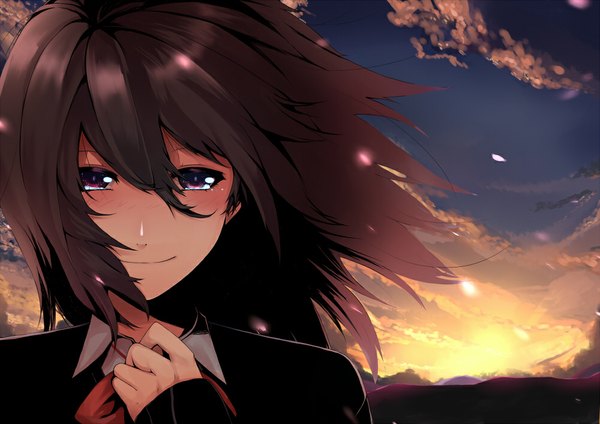 Anime picture 1000x707 with original ginichi (toot08) single long hair looking at viewer fringe smile brown hair purple eyes sky cloud (clouds) sunlight tears evening sunset morning sunrise girl uniform school uniform