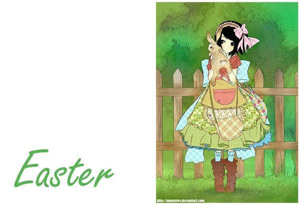 Anime picture 1000x685 with original aquafeles (artist) looking at viewer blush short hair black hair smile standing green eyes signed light smile black eyes hug plaid nature easter girl dress hair ornament bow
