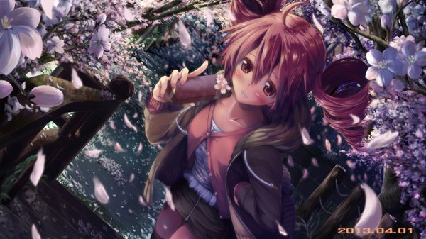 Anime picture 1920x1080 with utau kasane teto daidou (demitasse) single long hair looking at viewer blush highres red eyes wide image red hair cherry blossoms drill hair girl skirt miniskirt petals sweater gift