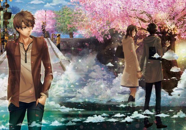 Anime picture 2480x1748 with 5 centimeters per second toono takaki shinohara akari shinkai makoto iban highres short hair brown hair looking away cloud (clouds) eyes closed from behind couple cherry blossoms holding hands group scenic hands in pockets girl boy