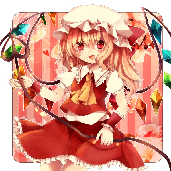 Anime picture 1500x1500 with touhou flandre scarlet maho moco blush short hair open mouth red eyes orange hair loli one side up girl skirt weapon hat miniskirt wings skirt set laevatein (touhou)