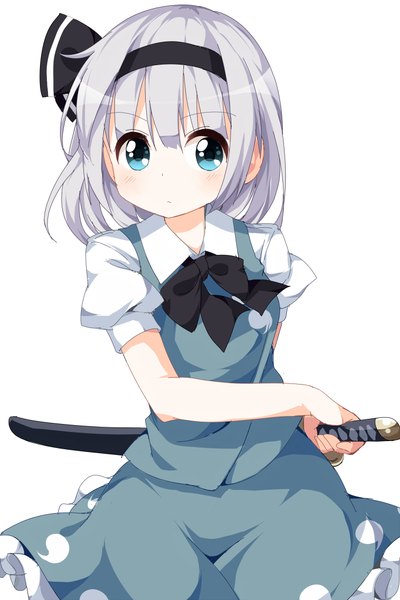 Anime picture 700x1050 with touhou konpaku youmu ruu (tksymkw) single tall image blush fringe short hair blue eyes simple background white background looking away silver hair girl skirt ribbon (ribbons) weapon hair ribbon sword katana