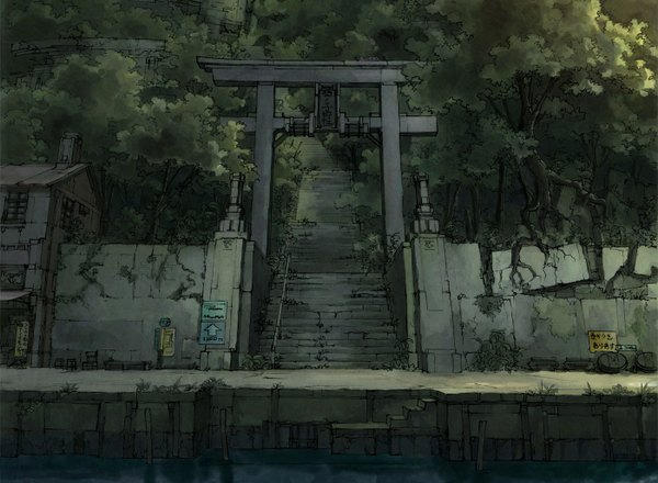 Anime picture 1400x1028 with original k kanehira landscape gate plant (plants) tree (trees) stairs