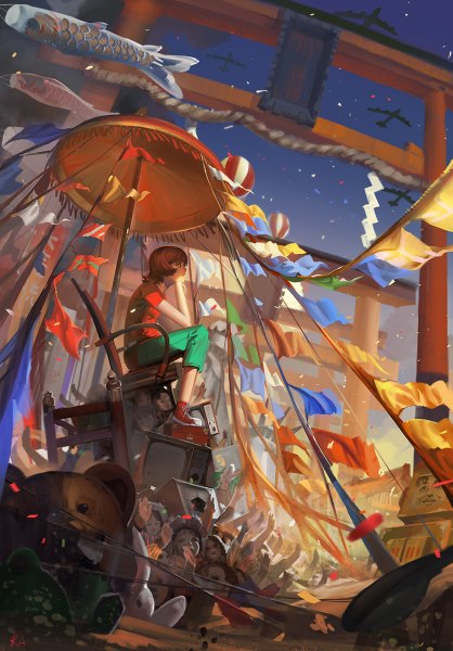 Anime picture 836x1200 with paprika madhouse paprika (character) alphonse (white datura) tall image fringe short hair brown hair sky full body profile wind hand on chest girl shoes umbrella pants toy t-shirt fish (fishes)