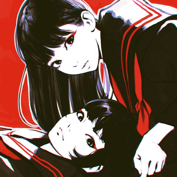 Anime picture 1500x1500 with original ilya kuvshinov long hair looking at viewer fringe short hair simple background multiple girls lying parted lips on back leaning red background eyeshadow face to face revision makeup polychromatic girl uniform