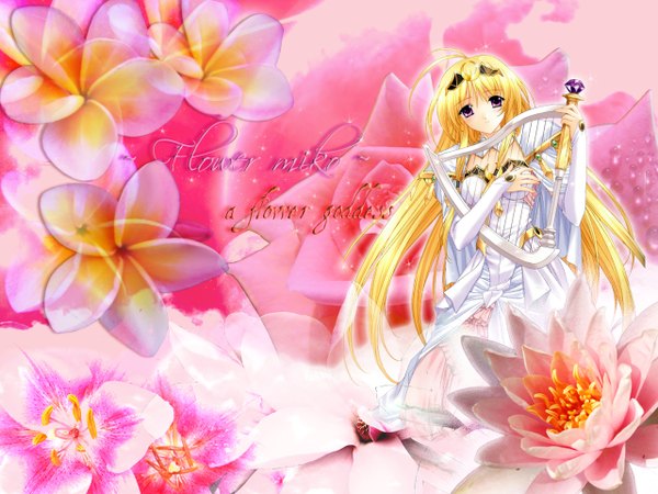 Anime picture 1280x960 with kimizuka aoi single looking at viewer fringe blonde hair holding long sleeves very long hair head tilt light smile floral background girl dress flower (flowers) white dress musical instrument harp