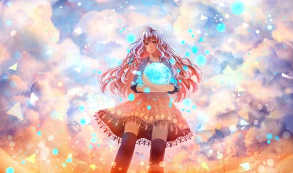 Anime picture 1290x763 with original bounin single long hair looking at viewer fringe wide image holding brown eyes pink hair cloud (clouds) from below abstract girl skirt black socks t-shirt