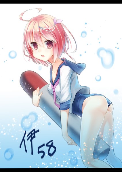 Anime picture 1191x1684 with kantai collection i-58 submarine tika (mika4975) single tall image looking at viewer short hair open mouth light erotic pink hair ahoge ass pink eyes inscription hieroglyph underwater girl swimsuit serafuku necktie