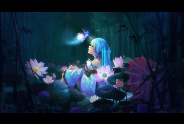 Anime picture 3000x2038 with original sunmomo long hair highres red eyes sitting twintails bare shoulders blue hair long sleeves profile looking down looking up fairy girl dress flower (flowers) plant (plants) wings tree (trees)
