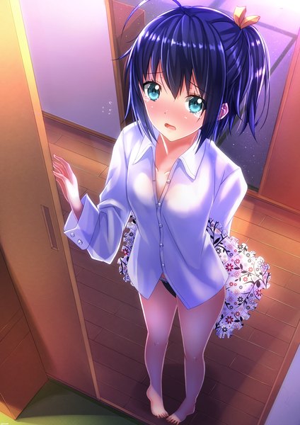 Anime picture 1102x1560 with chuunibyou demo koi ga shitai! kyoto animation takanashi rikka swordsouls single tall image looking at viewer blush short hair breasts open mouth blue eyes light erotic blue hair ahoge barefoot bare legs tears one side up flat chest