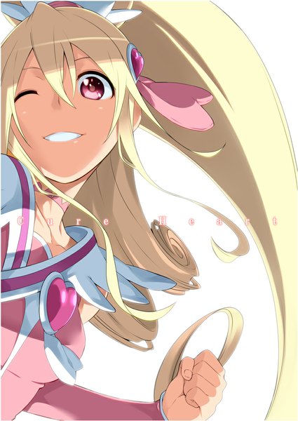 Anime picture 730x1030 with precure dokidoki! precure toei animation aida mana cure heart yuuzii single long hair tall image simple background blonde hair white background ponytail one eye closed pink eyes teeth character names drill hair looking up magical girl