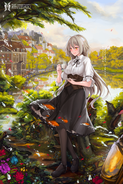 Anime picture 1000x1500 with fate (series) fate/grand order jeanne d'arc (fate) (all) jeanne d'arc alter (fate) hanada yanochi single long hair tall image blush fringe hair between eyes standing holding yellow eyes looking away sky silver hair cloud (clouds) ahoge outdoors