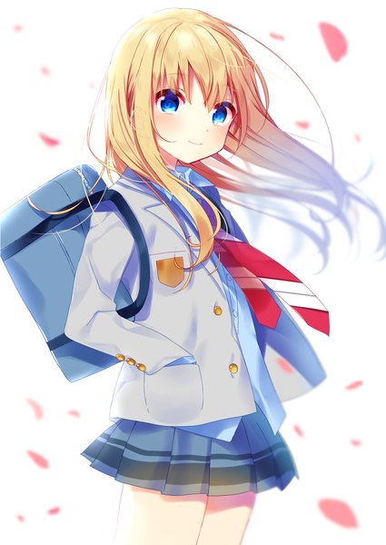 Anime picture 1002x1416 with shigatsu wa kimi no uso a-1 pictures miyazono kaori mafuyu (chibi21) single long hair tall image blush fringe blue eyes simple background blonde hair smile white background payot pleated skirt wind hand in pocket girl skirt