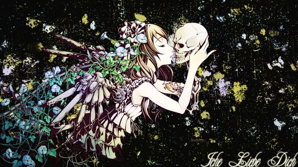 Anime picture 1366x768 with suki akemi long hair blonde hair brown hair wide image holding eyes closed nail polish profile hair flower black background kiss almost kiss mechanical wings girl hair ornament flower (flowers) plant (plants) wings skull