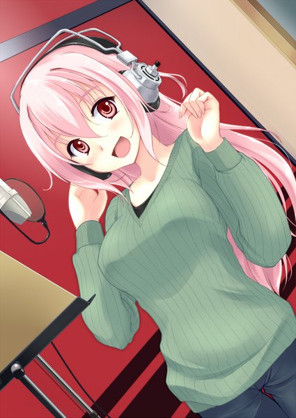 Anime picture 1074x1517 with nitroplus super sonico mis res long hair tall image blush open mouth red eyes pink hair girl headphones sweater