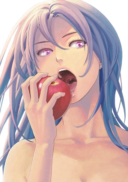 Anime picture 953x1349 with original yuhei single long hair tall image looking at viewer highres open mouth white background purple eyes bare shoulders holding purple hair teeth close-up face eating girl tongue fruit
