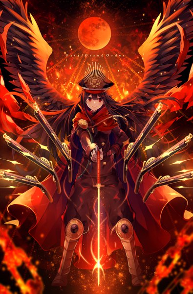 Anime picture 989x1500 with fate (series) fate/grand order koha-ace oda nobunaga (fate) (all) oda nobunaga (fate) yunohito yuxx yux single long hair tall image looking at viewer fringe black hair smile hair between eyes red eyes standing holding full body long sleeves