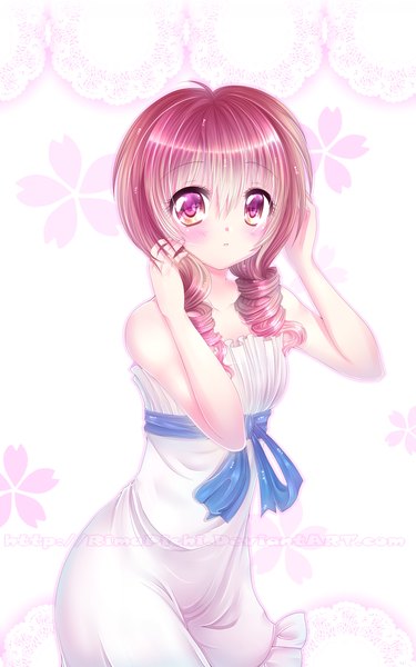 Anime picture 1000x1598 with original rimapichi single tall image blush brown hair white background bare shoulders yellow eyes pink hair pink eyes multicolored hair two-tone hair drill hair gradient hair multicolored eyes girl dress white dress