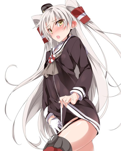 Anime picture 2048x2560 with kantai collection amatsukaze destroyer mtu (orewamuzituda) single long hair tall image blush fringe highres open mouth light erotic simple background hair between eyes white background yellow eyes silver hair from below two side up embarrassed girl