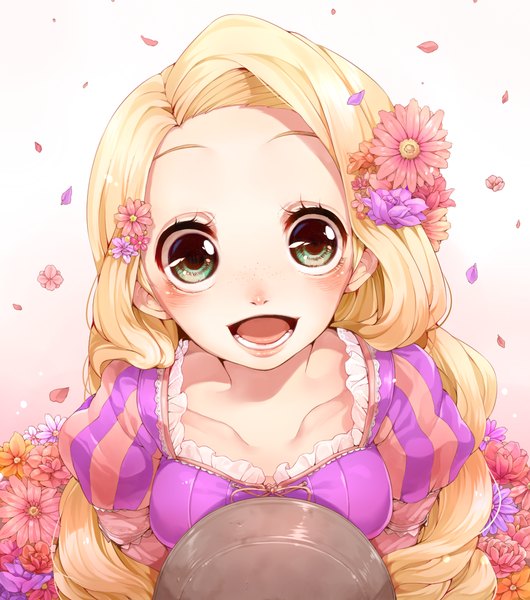 Anime picture 967x1094 with tangled disney rapunzel rojiko single tall image looking at viewer blush open mouth blonde hair green eyes very long hair hair flower from above portrait freckles girl dress hair ornament flower (flowers)