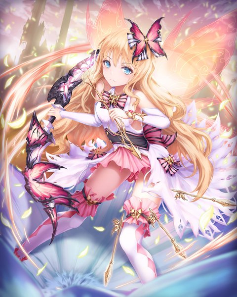 Anime picture 1024x1280 with original h2o (dfo) single long hair tall image looking at viewer blush fringe blue eyes light erotic blonde hair hair between eyes payot magic wavy hair serious >:( girl thighhighs dress