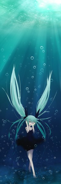 Anime picture 1000x3000 with vocaloid shinkai shoujo (vocaloid) hatsune miku katanakko daisuki single tall image open mouth twintails very long hair one eye closed aqua eyes wink aqua hair underwater girl dress black dress bubble (bubbles)