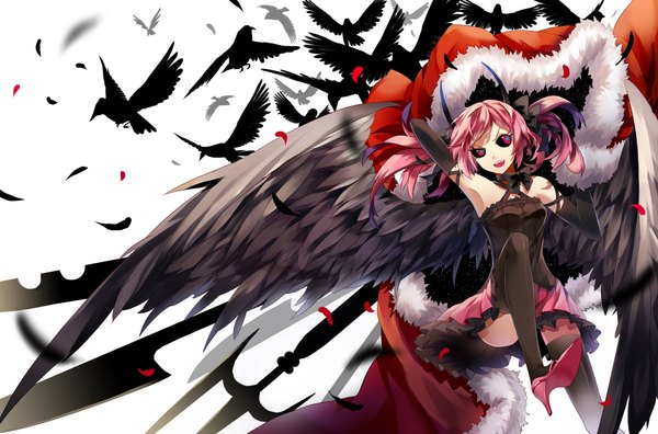 Anime picture 1920x1268 with original pixiv fantasia tsukii single long hair highres open mouth twintails pink hair multicolored eyes girl thighhighs dress gloves black thighhighs animal petals wings elbow gloves bird (birds)