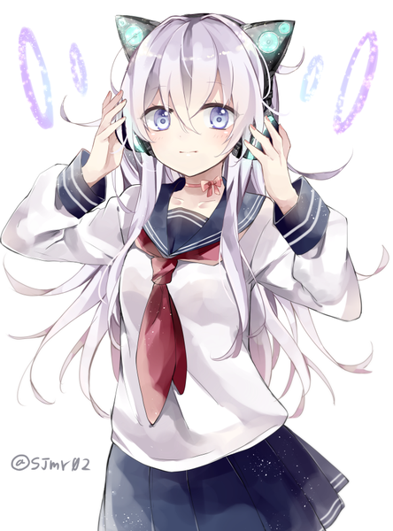 Anime picture 700x945 with kantai collection axent wear headphones hibiki destroyer shijima (sjmr02) single long hair tall image looking at viewer blush simple background hair between eyes white background purple eyes signed animal ears silver hair light smile cat ears fake animal ears hand on headphones