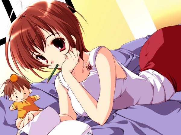Anime picture 1024x768 with sister princess zexcs rinrin (sister princess) mikeou single looking at viewer fringe short hair hair between eyes red eyes brown hair holding indoors lying mouth hold on stomach head rest girl window book (books)