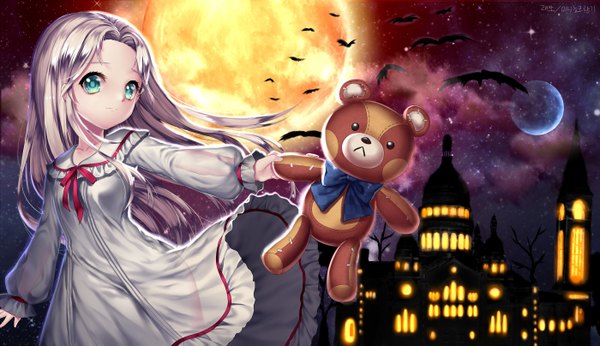 Anime picture 2800x1615 with original black joa single long hair looking at viewer highres blue eyes wide image silver hair halloween see-through silhouette girl dress animal moon toy stuffed animal teddy bear castle bat
