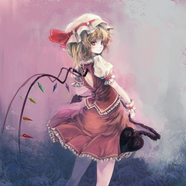 Anime picture 1000x1000 with touhou flandre scarlet childofa single long hair blonde hair smile red eyes looking back girl dress weapon wings rose (roses) bonnet laevatein (touhou)