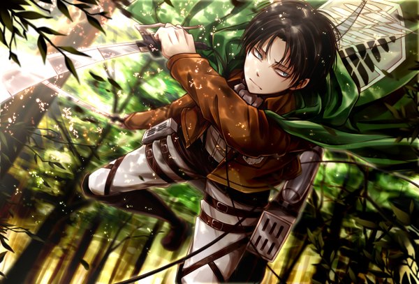 Anime picture 1400x950 with shingeki no kyojin production i.g levi (rivaille) angel31424 single short hair blue eyes black hair holding open clothes open jacket dual wielding boy weapon plant (plants) sword tree (trees) boots belt thigh strap