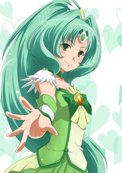 Anime picture 707x1000 with precure smile precure! toei animation midorikawa nao cure march kiko (weavehabit) single tall image looking at viewer blush fringe smile green eyes very long hair green hair outstretched arm girl dress