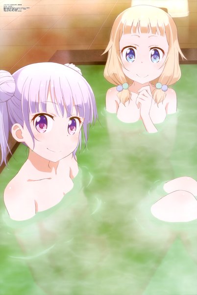 Anime picture 6070x9060 with new game! megami magazine doga kobo suzukaze aoba sakura nene amasaki manamu long hair tall image looking at viewer blush highres blue eyes light erotic blonde hair smile purple eyes multiple girls absurdres purple hair official art