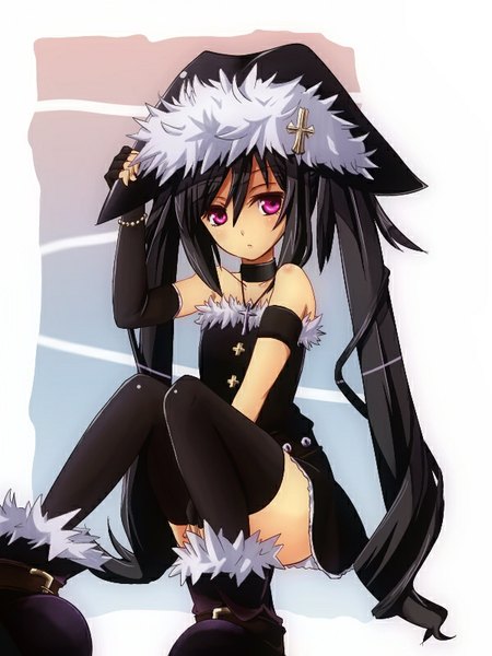 Anime picture 600x800 with original note-chan amano kouki single tall image blush black hair hair between eyes sitting purple eyes twintails bare shoulders looking away very long hair knees touching girl thighhighs dress gloves black thighhighs