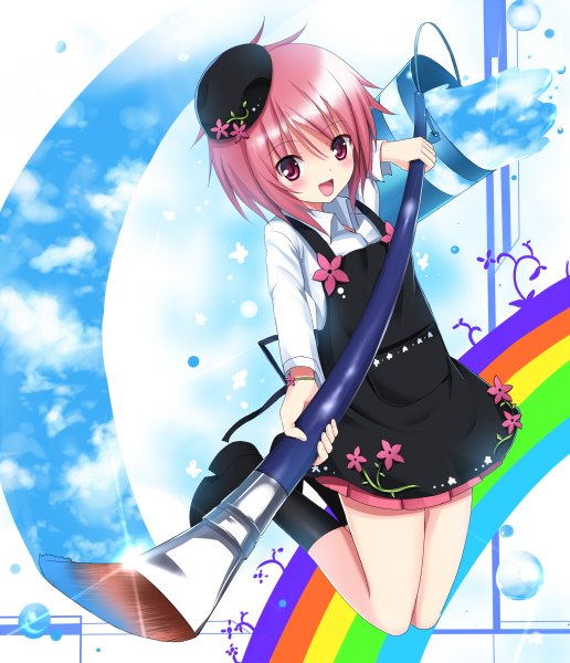 Anime picture 1032x1200 with original oekaki musume (qpixiv) koi (koisan) single tall image blush short hair pink hair pink eyes loli girl dress flower (flowers) hat rainbow paint