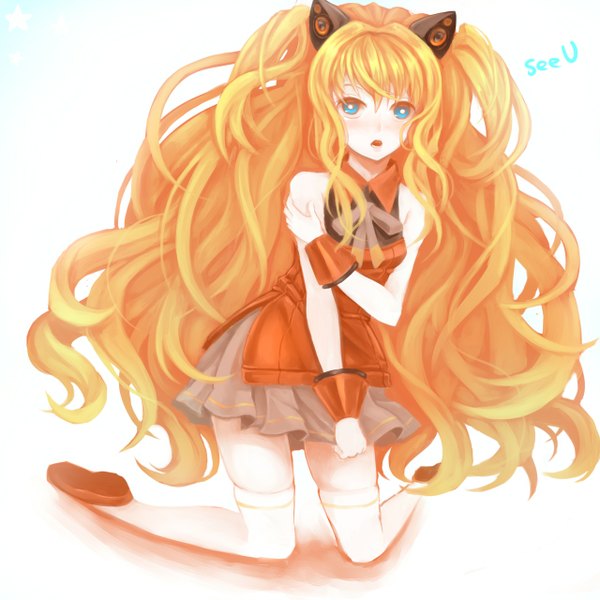 Anime picture 1280x1280 with vocaloid seeu single long hair blush open mouth blue eyes simple background blonde hair white background bare shoulders animal ears zettai ryouiki kneeling girl thighhighs white thighhighs