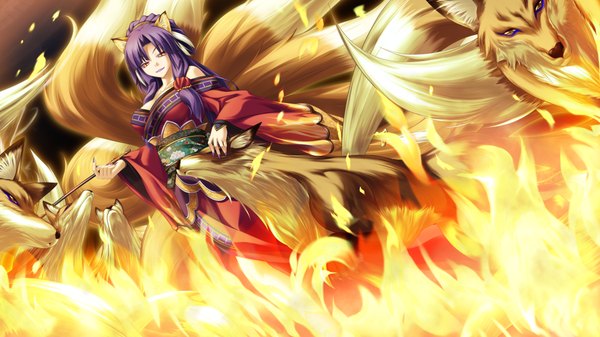 Anime picture 1024x576 with kamidori alchemy meister long hair wide image game cg purple hair orange eyes fox ears fox tail fox girl girl fire fox