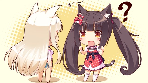 Anime picture 1280x720 with neko paradise neko works (studio) chocola (nekopara) coconut (sayori) sayori long hair blush open mouth blonde hair brown hair wide image twintails multiple girls animal ears game cg tail braid (braids) animal tail cat ears cat girl